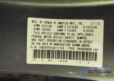 2016 Honda Accord Ex-L from USA, damaged, VIN 1HGCR2F81GA117152